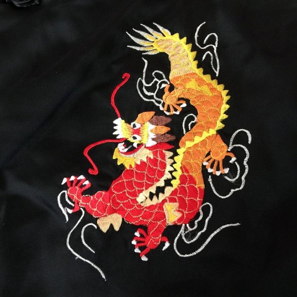 YI FANG CHEONGSAM DRESS WOMENS 44 BLACK SATIN ORIENTAL EMBROIDERED DRAGON VTG - Picture 4 of 16